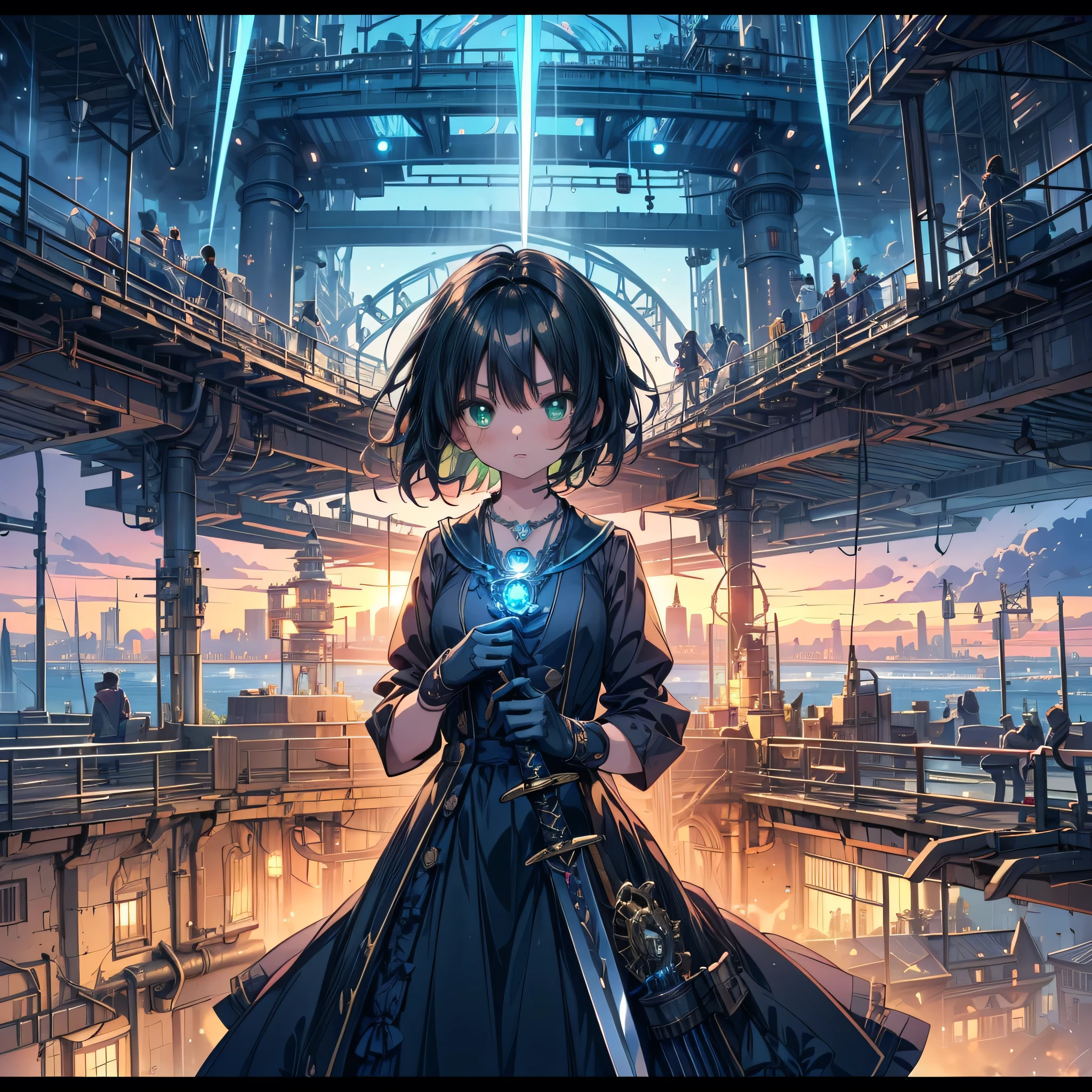 (masterpiece:1.2), (highest quality:1.2), Ultra-high resolution, Super detailed, ((Back to back anime twin girls)), ((1girl, Anime girl with luminous sword)), (holding a high-tech sword made of sapphire:1.4), Surreal girl, (1 person,Lolita,boyish, , 13 years old:1.3), serious, Full Finger,, Androgynous charm, (Very short hair), ((Black Hair)), Messy Hair, small and soft breasts,Slender body, Small Ass, Small green eyes,Detailed and beautiful eyes, Well-proportioned iris and pupil, Expressive eyes, Beautifully detailed lips, High resolution detailed hair, Perfect Eyes, Perfect Face, Ultra-dense skin, Perfect lighting, ((Light green necklace)), Brown outfit, goggles around neck, Light green tie, ((1girl, own hands together)), Luminous Sapphire, Blue Flame, (Steampunk), ((Steam Engineer)), Putting on gloves, mechanical, ((steampunk cityscape)), gear, pipe, (Steam spewing out from pipes:1.2), Fantasy, (dynamic angle:1.2), (dynamic pose:1.2), Digital anime art,Anime-style illustrations,Anime illustration