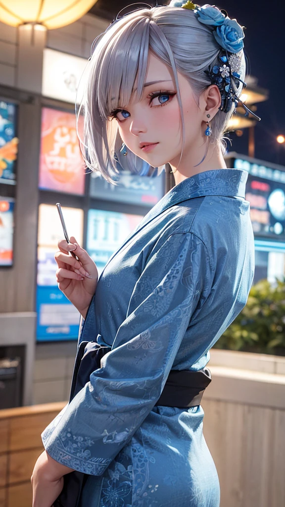 Silver Hair　Short Hair　Blue hair ornament　Blue Eyes　Beauty　Earrings　Blue yukata with floral pattern　夏festival　festival　Night Sky
