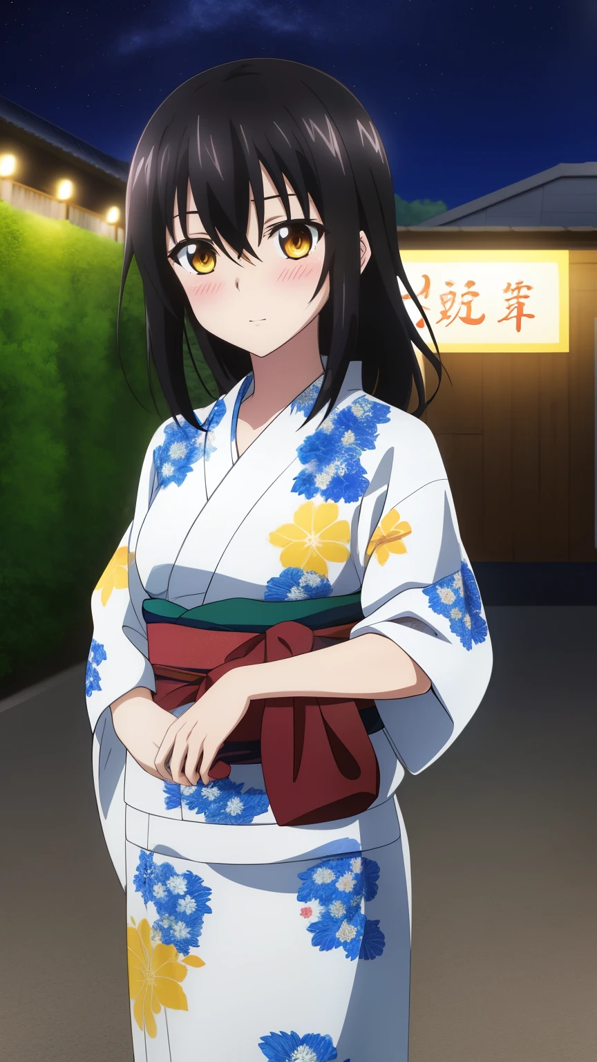 (highest quality, 8k, masterpiece: 1.2), anime art style, Very detailed, anime_Coloring, Hyper Detail, Yukina, One Girl, alone, Teen Style,length_hair, Front hair, black_hair, hair_between_eye, Small medium breast, yellow_eye, (Floral Yukata, Floral hair ornament, blush, Summer festival, night),Dynamic Angle, Center the image, Cowboy Shot