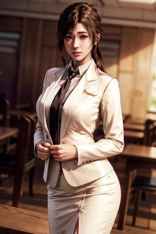 highest quality, Perfect Face, Complex, Beautiful views, Ultra-realistic 8K CG,Perfect artwork, 1 Female, Sayuri, Droopy eyes, alone, Female teacher-like appearance, White business suit, Light brown tie, Long pencil skirt, alone, Side lighting, Shallow and sharp depth of field, Realistic