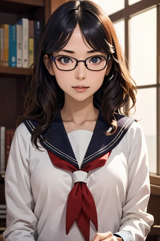 (masterpiece, highest quality), One Girl, Satou, Satou, Glasses, 赤いフレームのGlasses, Sailor suit, Satou, Glasses, 赤いフレームのGlasses,