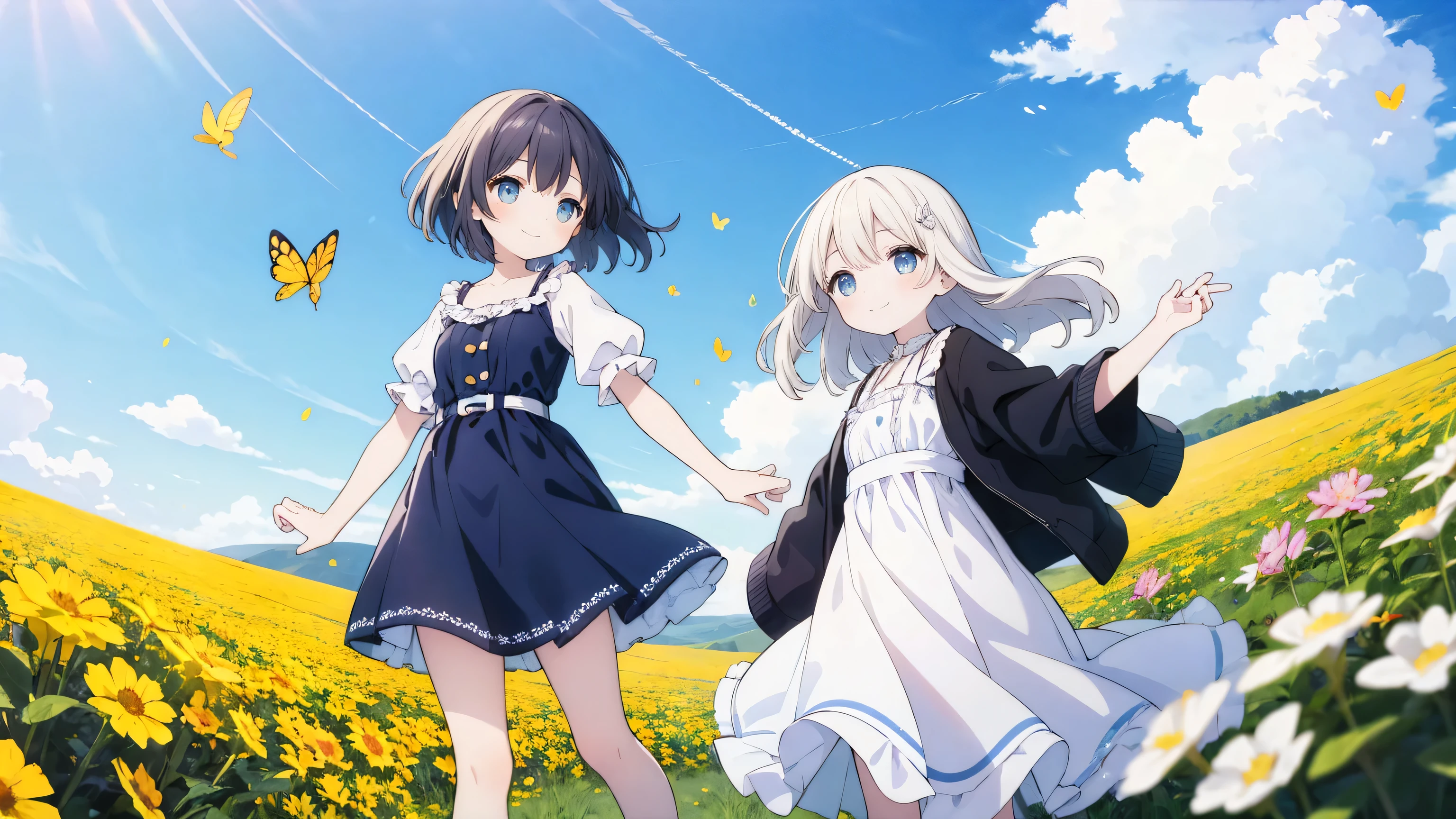 Two pure and innocent girls,、(2 people)、Cute face、smile、Beautiful Eyes、White skin、Natural Beauty、Warm sunshine、Wildflowers swaying in the wind々Surrounded by、Enjoying time in the fields。Butterflies and birds flutter around her、Creates a playful atmosphere。