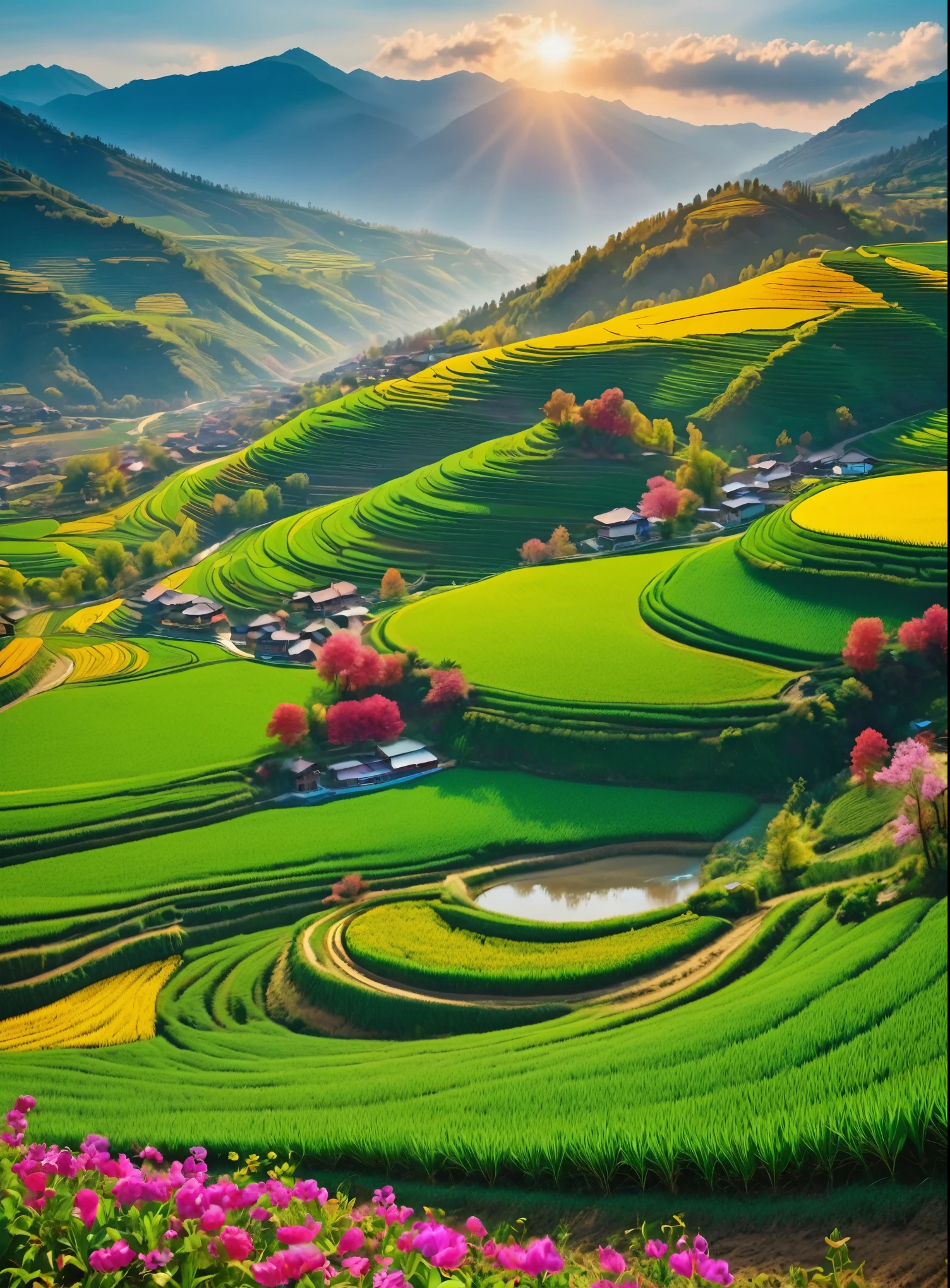 （best quality，4K，8k，High-rise buildings，masterpiece：1.2），very good，Overhead shot，Amazingly beautiful views，paddy，Green grass bright colors，Blooming flowers，work，nature奇观，Serene countryside，Sunny fields，river，Beautiful view，cloud，Spectacular panorama，Harvest time，The charm of agriculture，Tranquil scenery，nature，Bustling scenery，Joyful atmosphere，Majestic mountains and hills，Embodying the essence of spring，Celebrating Life and Revival，Abundance and prosperity，Harvest，Blooming terraced fields，Festive atmosphere

