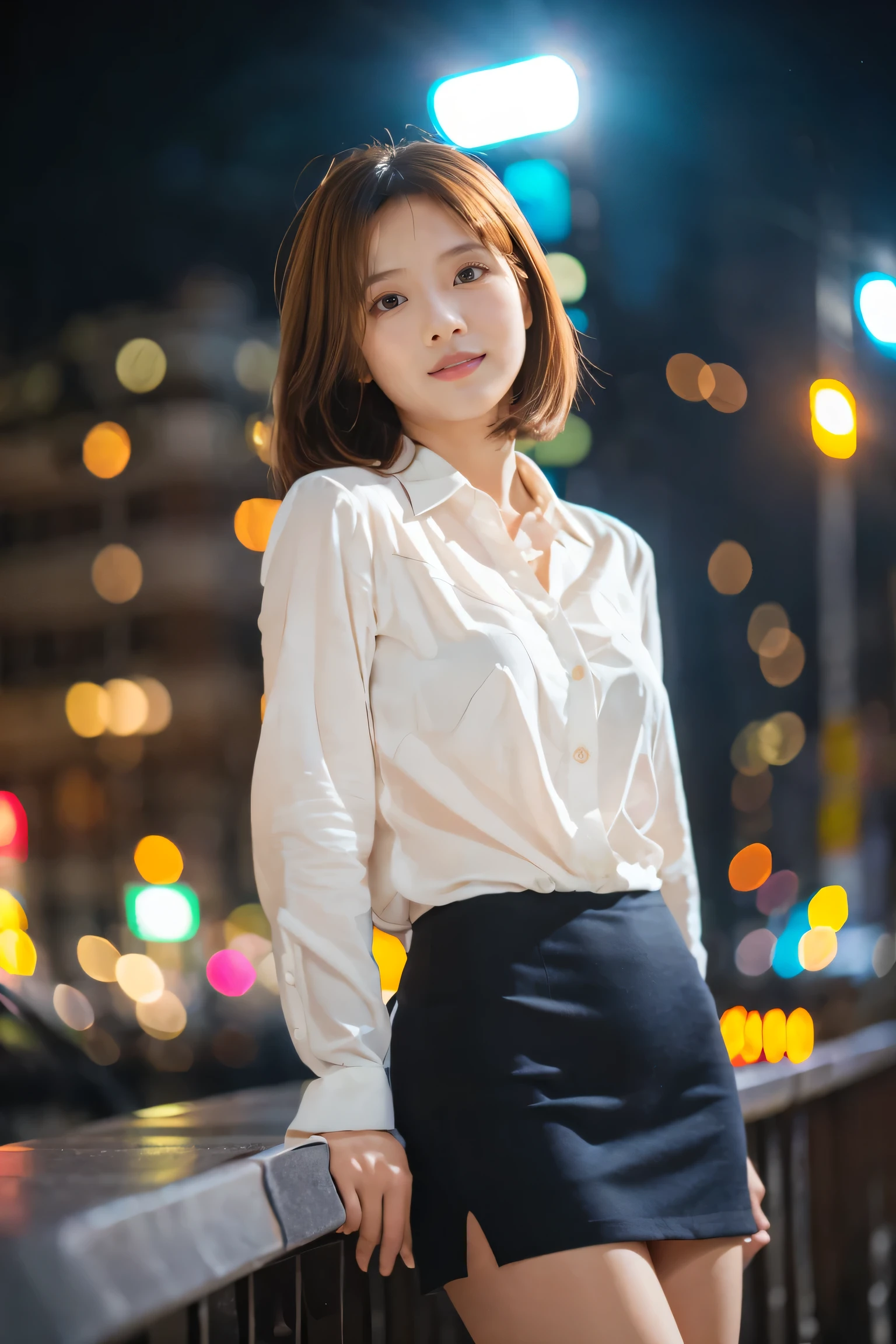 (18-year-old female), (The best quality at its best:1.4), (Super detailed), (Very detailed CG unified 16k), Beautiful woman with perfect figure: 1.4, Sharp focus: 1.2, Very detailed, High-quality RAW color photos, Professional photography, Great face and eyes, Beautiful eyelashes、cosmetics, (Amazingly beautiful girl), ((blouse, White mini tight skirt)), Are standing, Sexy posture,(Stylish city nightscape, Neon lights on the building:1.3), (View from below), Realistic movie faces, Wide zoomed out view of head to foot length, Full body long view, Realistic, ((Realistic natural orange red hairstyle, Realistic blue eyes, Short Bob Hair)), nice, Very beautiful face, Perfect model beauty, Mouth swelling, Highly detailed face and skin texture, Fine grain, double eyelid, Medium chest, smile, Crack, west, (masterpiece), highest quality, High resolution, Very detailed, Blurred Background, Depth of written boundary, Cinema Lighting, Great legs, High heels, Clear, well-maintained skin, (((Women make up the majority of the photo)))
