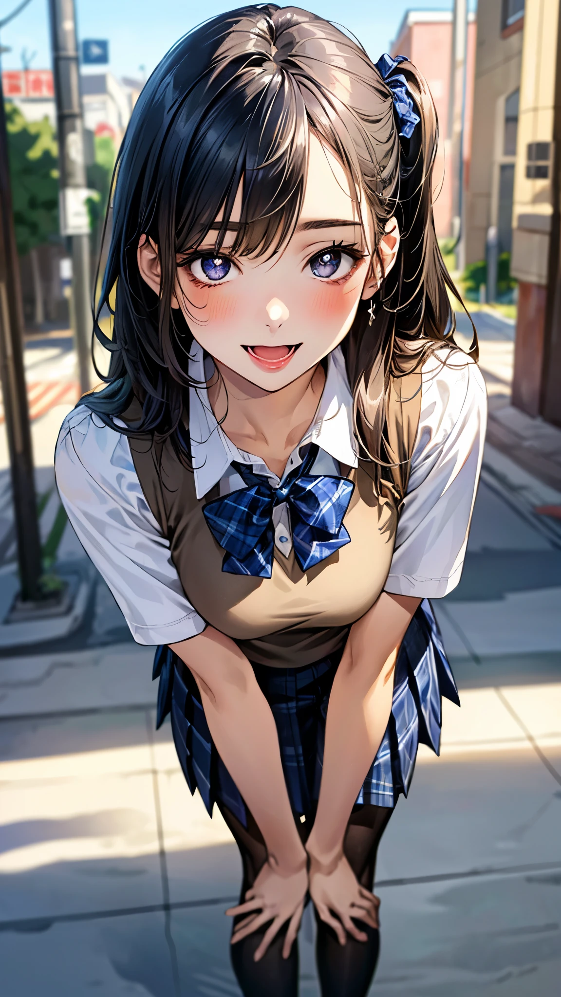 (masterpiece:1.3, top-quality, ultra high res, ultra detailed), (realistic, photorealistic:1.4), beautiful illustration, perfect lighting, natural lighting, colorful, depth of fields, surrealism, 
beautiful detailed hair, beautiful detailed face, beautiful detailed eyes, beautiful clavicle, beautiful body, beautiful chest, beautiful thigh, beautiful legs, beautiful fingers, shiny skin, babyface, 
looking at viewer, (selfie), 1 girl, japanese, high school girl, (perfect anatomy, anatomically correct, super detailed skin), cute and symmetrical face, perfect face, perfect eyes, 
(long hair, (two side up), straight hair, sandy beige hair), asymmetrical bangs, blue eyes, big eyes, long eyelashes, (large breasts:1.2, seductive thighs), slender, outstanding style, 
((detailed cloth texture, break,break, white collared shirt, break,break, navy blue suit vest, break,break, blue plaid pleated skirt, break,break, purple blue bow tie), black pantyhose, loafer), 
(beautiful scenery), evening, (downtown), (standing, leaning forward), (heart shaped pupils, :3, aroused, ahegao, orgasm, in heat, naughty face, seductive smile, open mouth small),