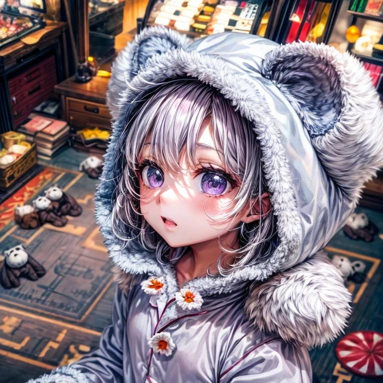 Little, Nendoroid, ((worst quality, low quality)), ((close), profile,1.5 facing left), (10 year old girl), gray hair, (Fluffy bear costume pajamas:1.4), (open income:1.2), (light purple pajamas:1.4), Animal Hoodie, (hood up:1.under the hoodie, oversized hoodie, five fingers, perfect hands, bedroom background, highest quality,Super detailed, masterpiece,