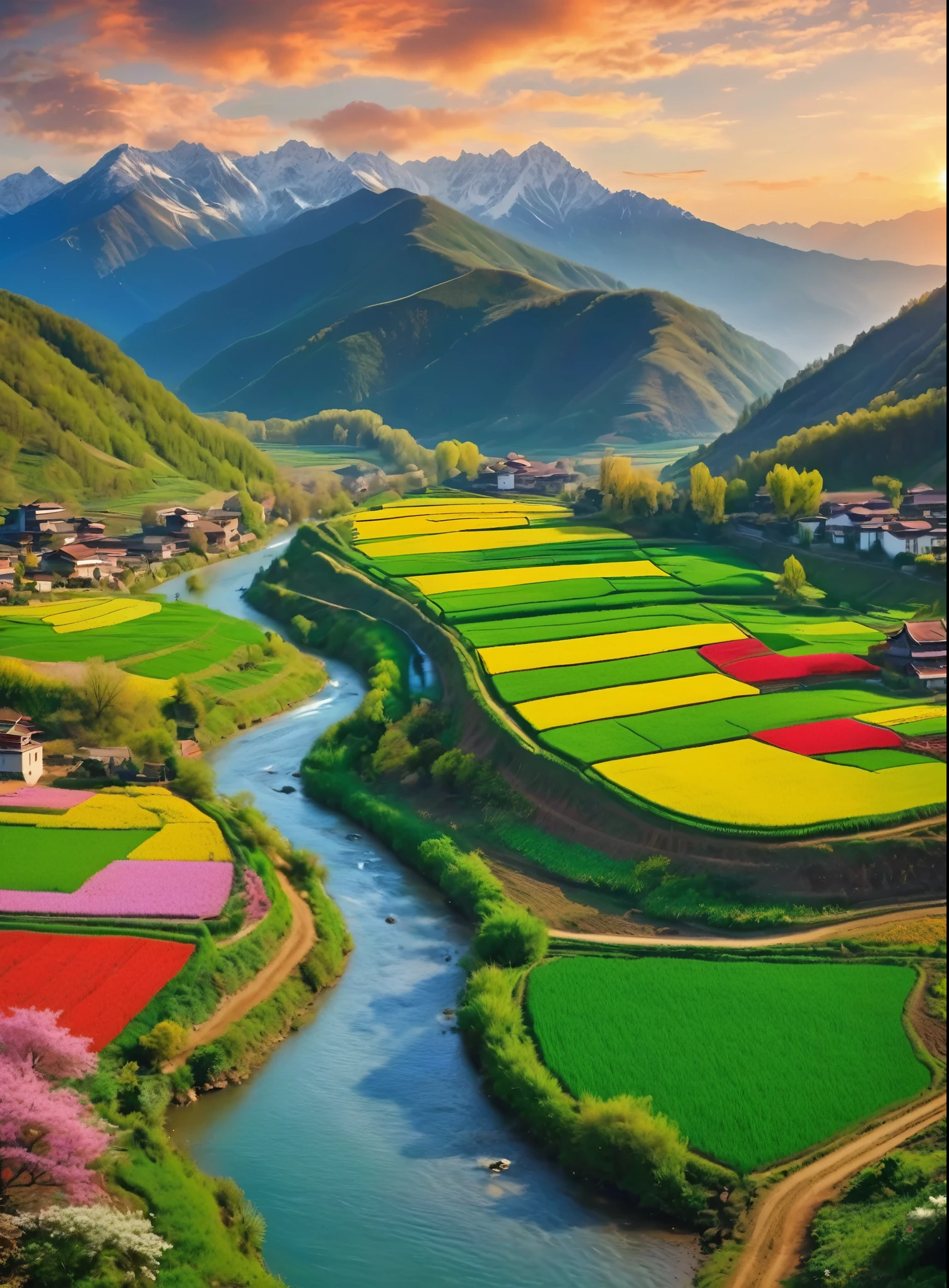 (best quality,4K,8k,High-rise buildings,masterpiece:1.2),very good,Overhead shot,Amazingly beautiful views,paddy,Green grass bright colors,Blooming flowers,work,nature奇观,Serene countryside,Sunny fields,river,Beautiful view,cloud,Spectacular panorama,Harvest time,The charm of agriculture,Tranquil scenery,nature,Bustling scenery,Joyful atmosphere,Majestic mountains and hills,Embodying the essence of spring,Celebrating Life and Revival,Abundance and prosperity,Harvest,Blooming terraced fields,Festive atmosphere