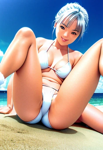 Tabletop, highest quality, (Realistic:1.4),,1 Japanese female,Mature Woman, 20-year-old、魅惑的なsmile、Naughty look、Heavy breathing,Full Body Shot, smile,(Beautiful sea_Snow-white sandy beach:1.2)、Beautiful blue sky,White tiny bikini,Sit down and open your legs wide,(Leg spread:1.5),Streaks,