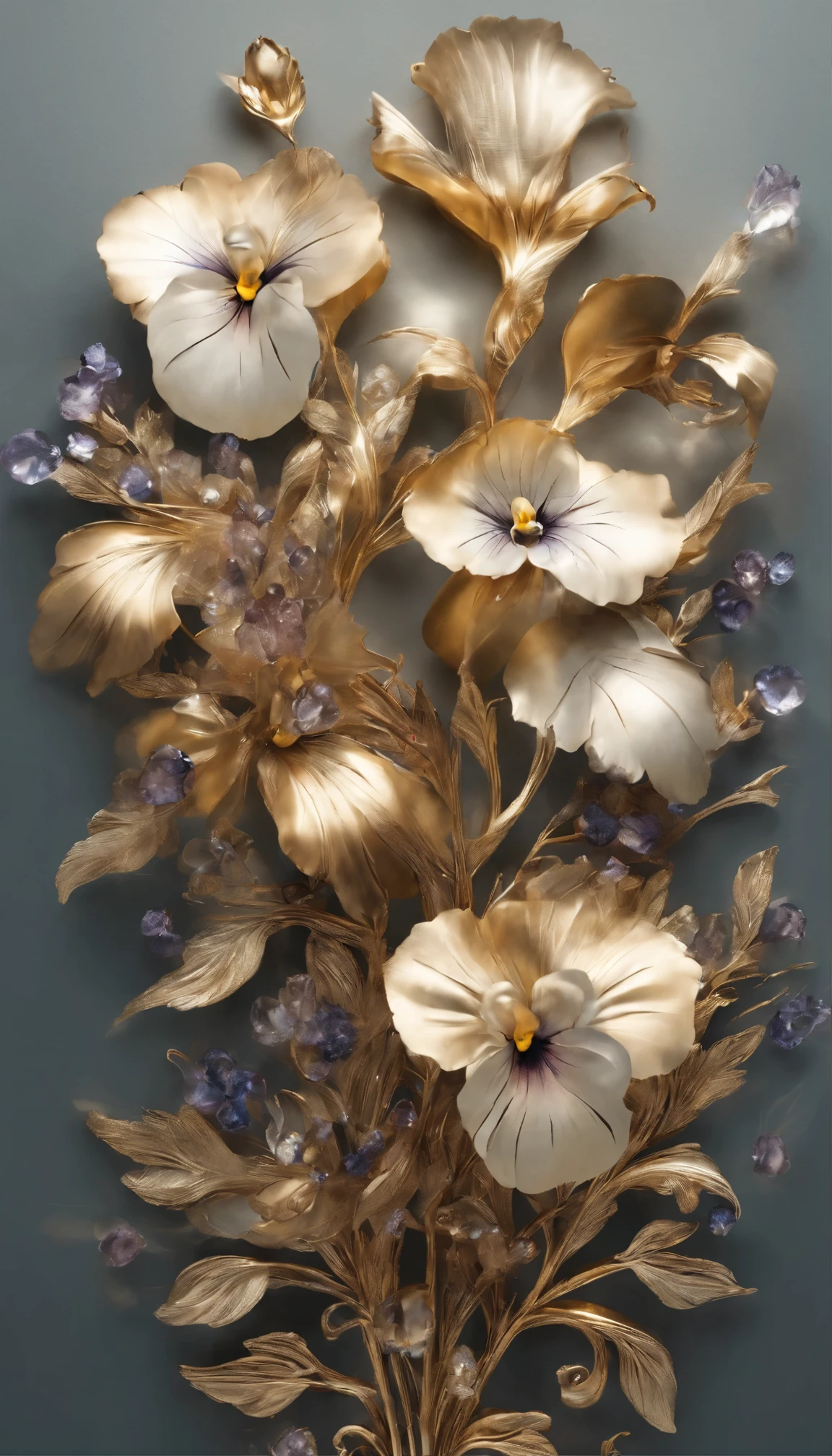 All expressed with jewels, the arrival of spring, various beautiful pansy, angles looking up from below, various jewels falling from the sky, wonderful and beautiful superb view, slightly hazy, fantastic, high resolution, 8K, (best quality, highres, realistic:1.37), shiny metallic flowers, intricate and delicate petals, reflective surfaces, vibrant colors, intricate details, close-up view, surreal garden, surreal beauty, dreamy atmosphere, fine art, abstract botanicals, metallic sculpture, contrasting textures, ethereal glow