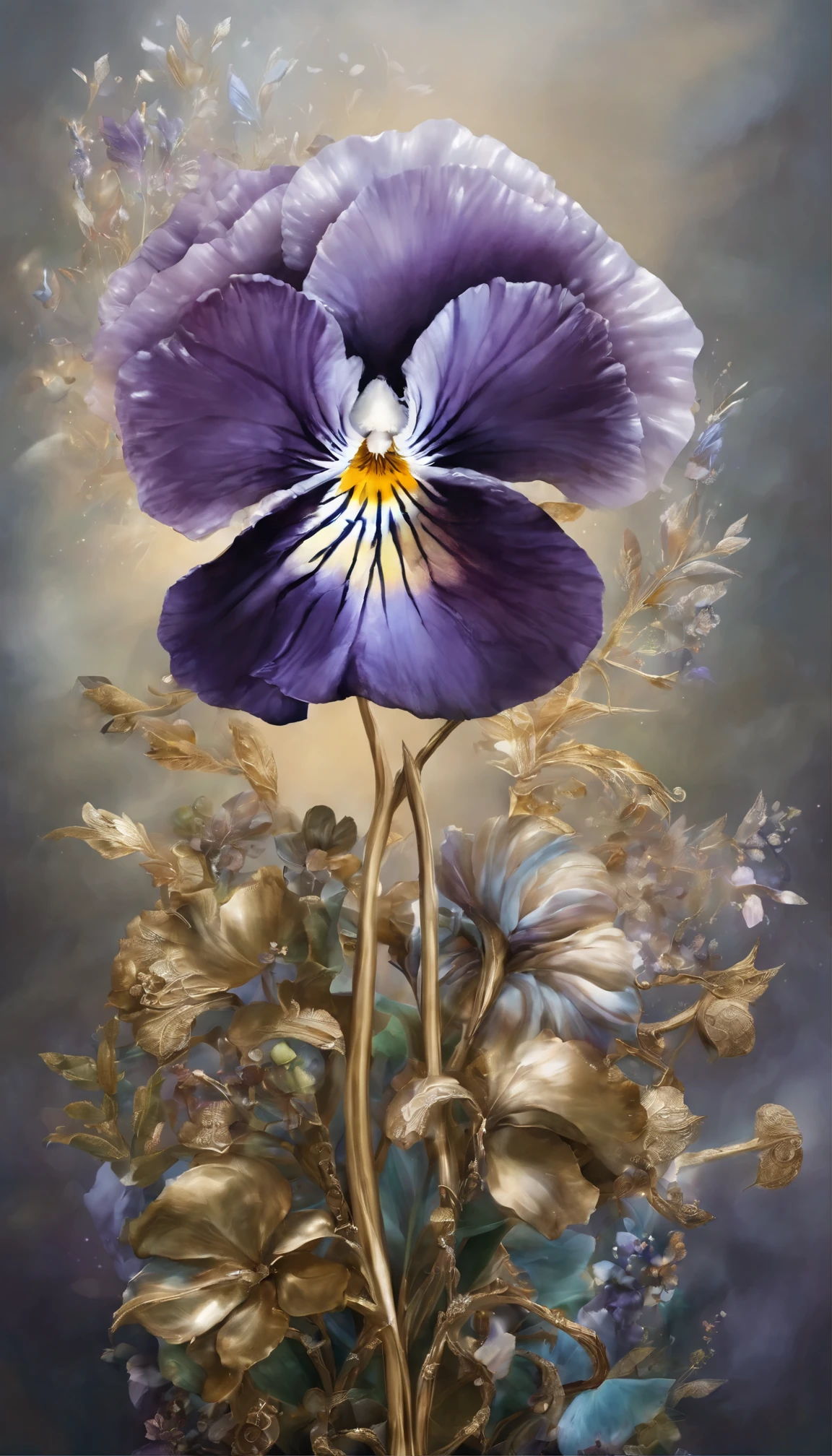 All expressed with jewels, the arrival of spring, various beautiful pansy, angles looking up from below, various jewels falling from the sky, wonderful and beautiful superb view, slightly hazy, fantastic, high resolution, 8K, (best quality, highres, realistic:1.37), shiny metallic flowers, intricate and delicate petals, reflective surfaces, vibrant colors, intricate details, close-up view, surreal garden, surreal beauty, dreamy atmosphere, fine art, abstract botanicals, metallic sculpture, contrasting textures, ethereal glow