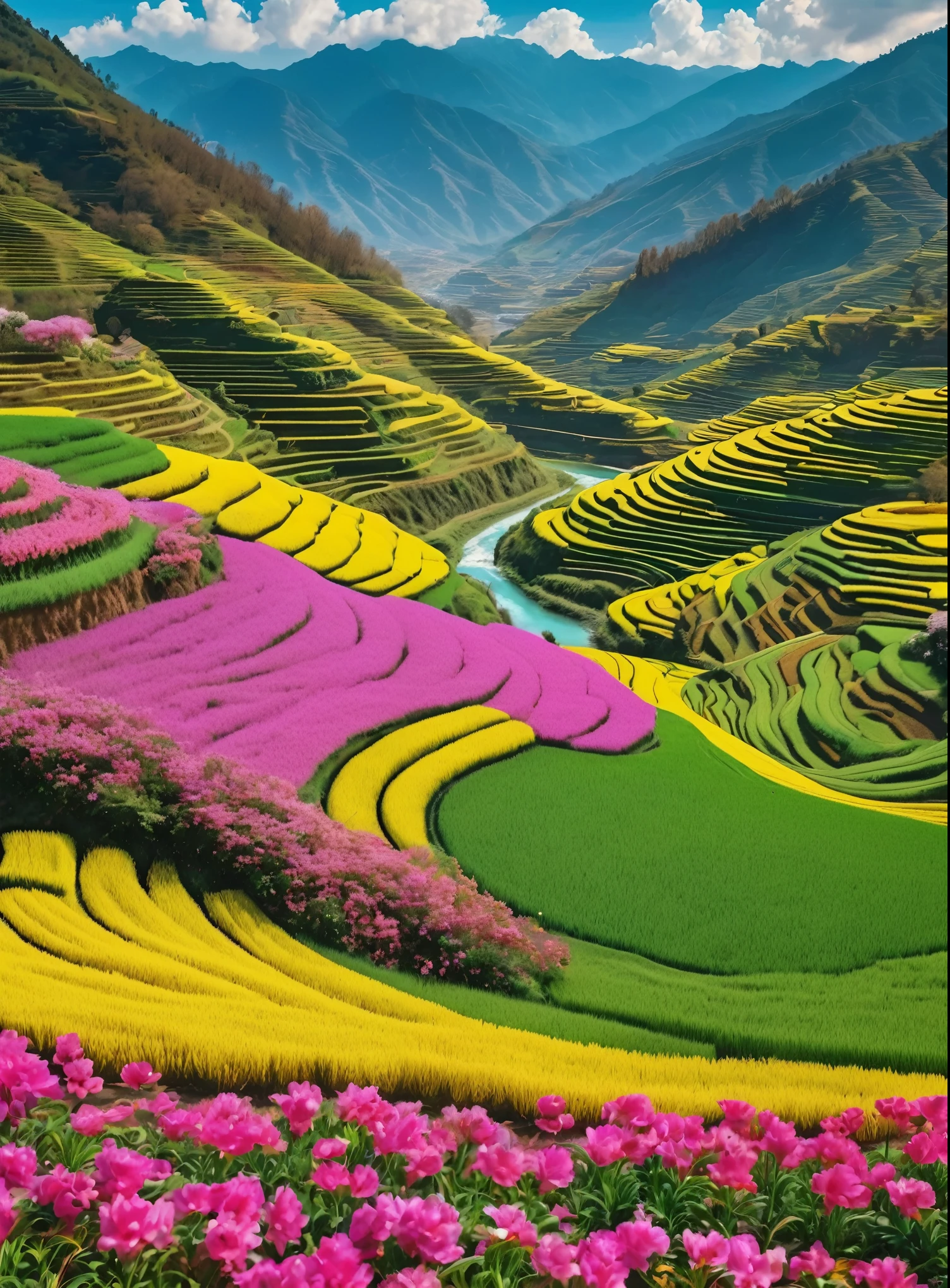 (best quality,4K,8k,High-rise buildings,masterpiece:1.2),very good,Overhead shot,Amazingly beautiful views,paddy,Green grass bright colors,Blooming flowers,work,nature,Serene countryside,Sunny fields,river,Beautiful view,cloud,Spectacular panorama,Harvest time,The charm of agriculture,Tranquil scenery,nature,Bustling scenery,Joyful atmosphere,Majestic mountains and hills,Embodying the essence of spring,Celebrating Life and Revival,Abundance and prosperity,Harvest,Blooming terraced fields,Festive atmosphere