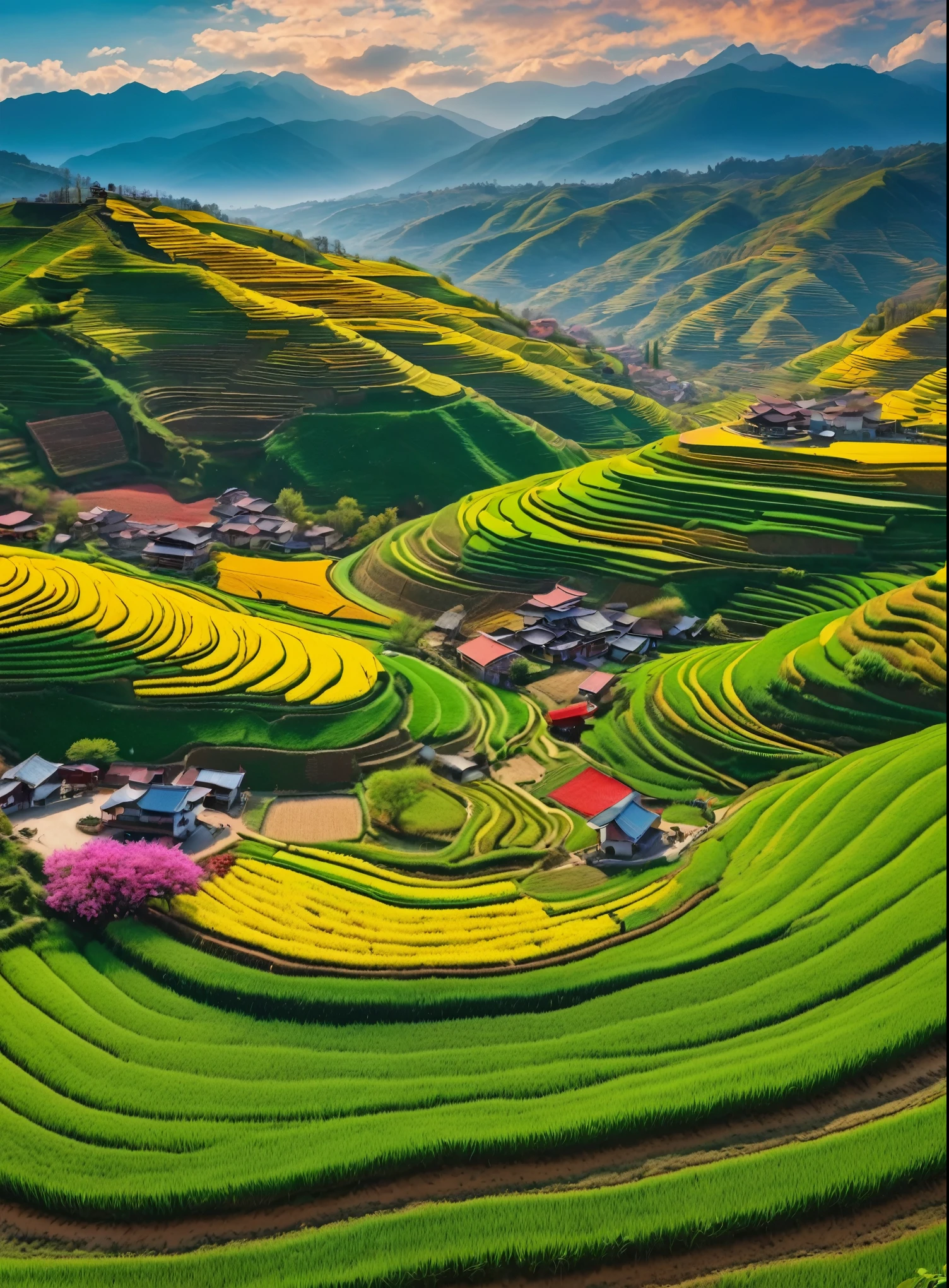（best quality，4K，8k，High-rise buildings，masterpiece：1.2），very good，Overhead shot，Amazingly beautiful views，paddy，Green grass bright colors，Blooming flowers，work，nature，Serene countryside，Sunny fields，river，Beautiful view，cloud，Spectacular panorama，Harvest time，The charm of agriculture，Tranquil scenery，nature，Bustling scenery，Joyful atmosphere，Majestic mountains and hills，Embodying the essence of spring，Celebrating Life and Revival，Abundance and prosperity，Harvest，Blooming terraced fields，Festive atmosphere