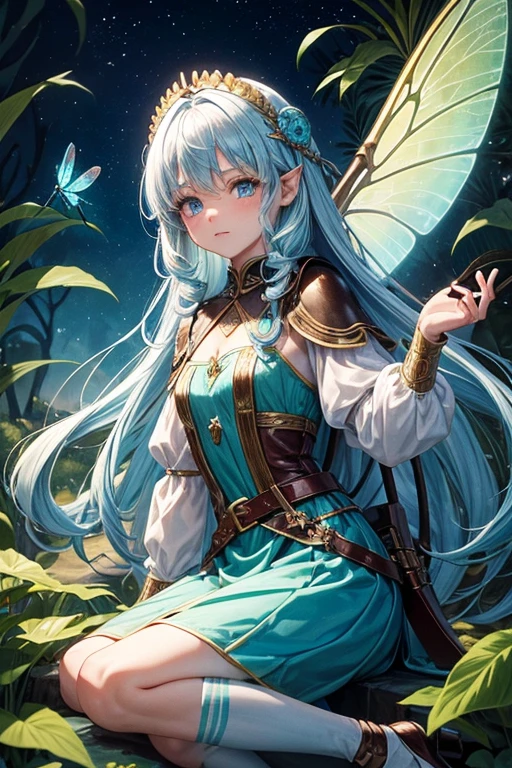 Fairy woman  with dragonfly wings on her back long curly white hair , peinado desorenado con orejas puntegudas ,Medieval archer clothing blue color turquoise eyes holding a dagger brown shoes brown leather belt jade ornaments on forest background with magical symbols