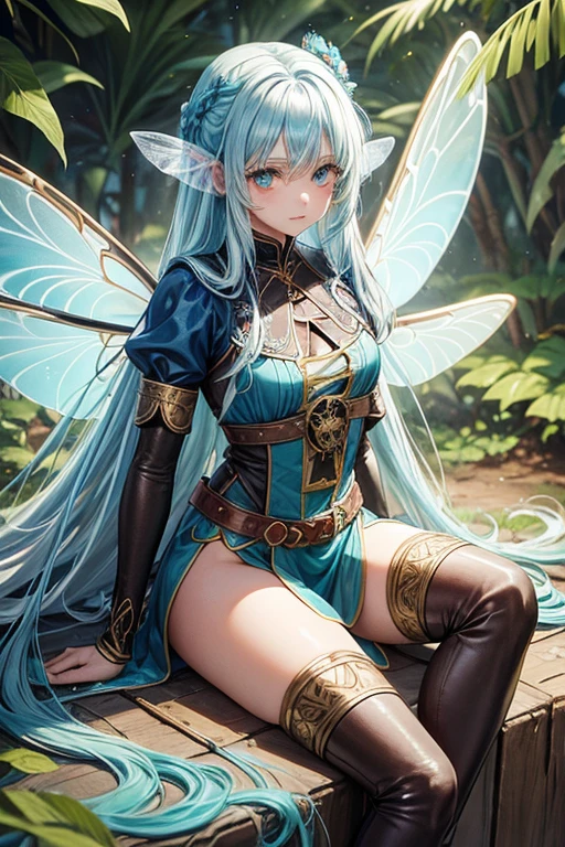 Fairy woman  with dragonfly wings on her back long curly white hair , peinado desorenado con orejas puntegudas ,Medieval archer clothing blue color turquoise eyes holding a dagger brown shoes brown leather belt jade ornaments on forest background with magical symbols