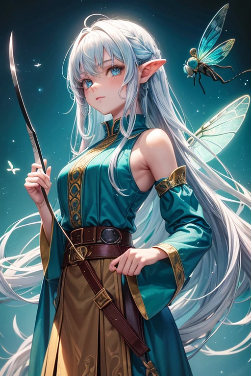 Fairy woman with dragonfly wings on her back long curly white hair , peinado desorenado con orejas puntegudas ,Medieval archer clothing blue color turquoise eyes holding a dagger brown shoes brown leather belt jade ornaments on forest background with magical symbols
