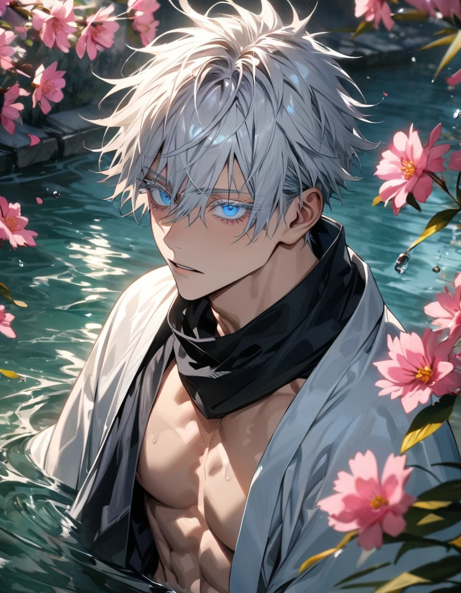 absurdres, highres, ultra detailed, HDR, master piece, best quality, extremely detailed face and eyes, Gojo Satoru, white hair with bangs, hair between the eyes, expressive blue eyes, white eyelashes, Jujutsu Kaisen, black scarf, white haori, black tight shirt, solo, sexy man, handsome, toned chest, pink flowers, water, spring