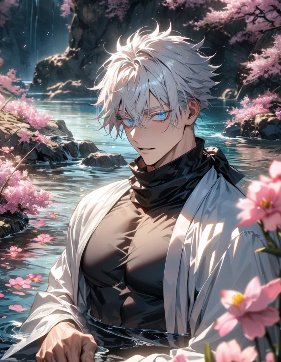 absurdres, highres, ultra detailed, HDR, master piece, best quality, extremely detailed face and eyes, Gojo Satoru, white hair with bangs, hair between the eyes, expressive blue eyes, white eyelashes, Jujutsu Kaisen, black scarf, white haori, black tight shirt, solo, sexy man, handsome, toned chest, pink flowers, water, spring