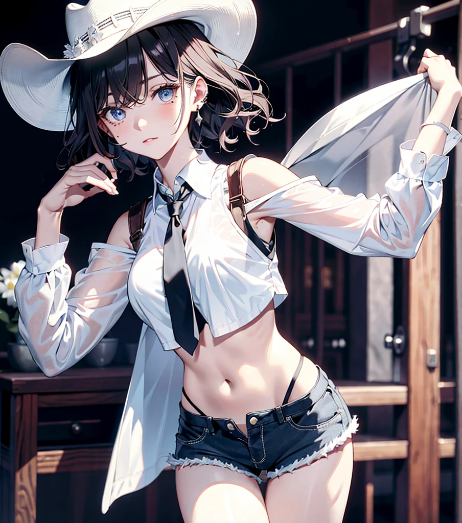 absurdres, RAW photo, extremely delicate and beautiful, masterpiece, Best Quality, ultra high resolution, 32k, hyperrealistic, ultra-detailed, perfect ???????, anatomically correct, perfect figure, super Detailed skin, pale skin, 20 years old, very Slim body, narrow waist, very small head, very small face, delicate facial features, detailed face, detailed eyes, tearful mole, earring, thin legs, bare legs, (very huge round breasts), short medium hair, ((wavy hair)), wet clothes, solo, collared white shirt, ((cowgirl costume)), vest, cowboy hat, fingerless gloves, midriff, neckerchief, shorts, holster,