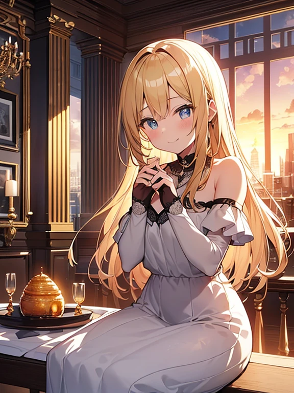 Tabletop, highest quality,figure, wallpaper, Super detailed, Absurd beauty、(Dark Scene, Soft lighting, High saturation):1.4、 Vivid lighting, Enchanting elegance, Atmospheric Depth, Great technology, Naturalistic representation, Harmonious composition, Creative refinement, A striking contrast、Glass-walled interior、Buildings、(Sunset)、1 beautiful girl、Sitting、smile、Blonde