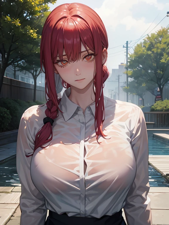 Build a Chainsaw Man, Half Body Portrait, Blushing, wearing a Wet shirt, White shirt, Wet shirt, Facial details, Very detailed, Realistic、tall、Large Breasts、Broad shoulders、Provocative