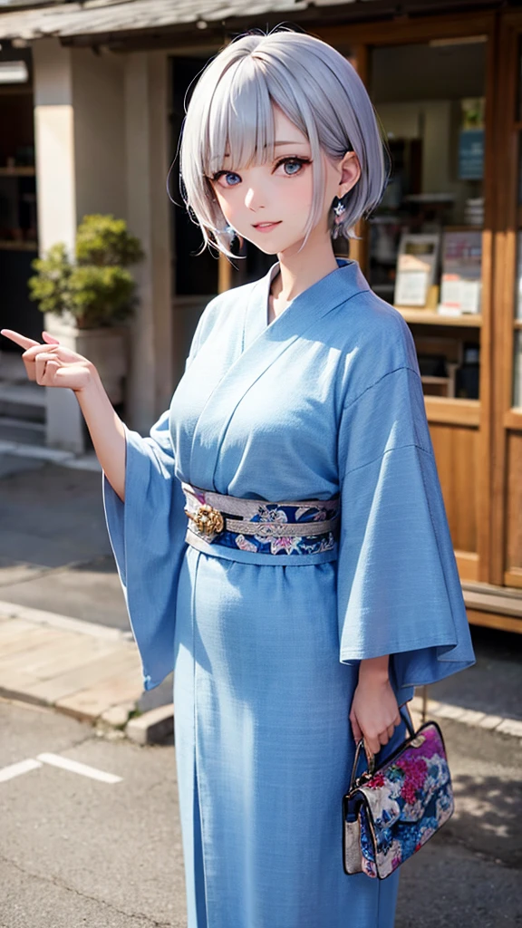 Silver Hair　Short Hair　Blue hair ornament　Blue Eyes　Beauty　Earrings　Blue yukata with floral pattern　夏festival　festival　Night Sky