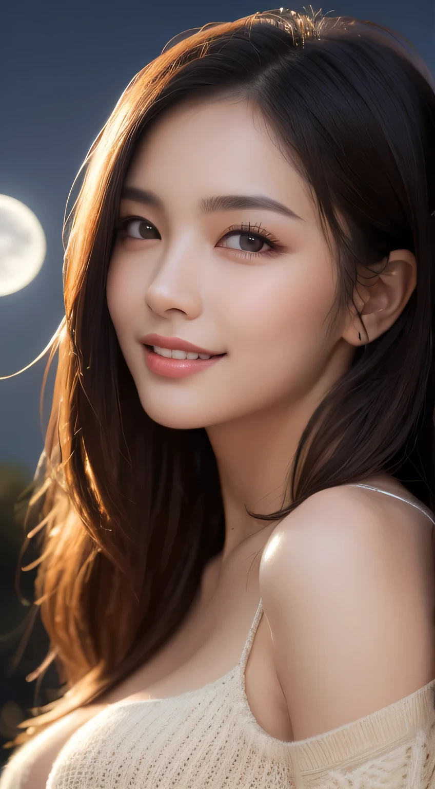 Kimono beauty, body portrait, 8K, thin and beautiful eyes, Dindal effect, masterpiece, top quality, high quality, high resolution, very detailed photo, (natural skin texture, fine skin, hyperrealism, super sharpness) , high detail skin, (very fine, fine skin texture, intricate detail, beautiful face, (realistic face), realistic eyes, beautifully detailed eyes, realistic skin, beautiful skin, surreal, very Detailed, golden ratio, smiling eyes, ((night moonlight background)) ), body portrait, oily skin, shiny skin, shiny skin with oil, big breasts, huge breasts, big breasts, erotic body, glamorous , thin knit sweater, cleavage, all wet