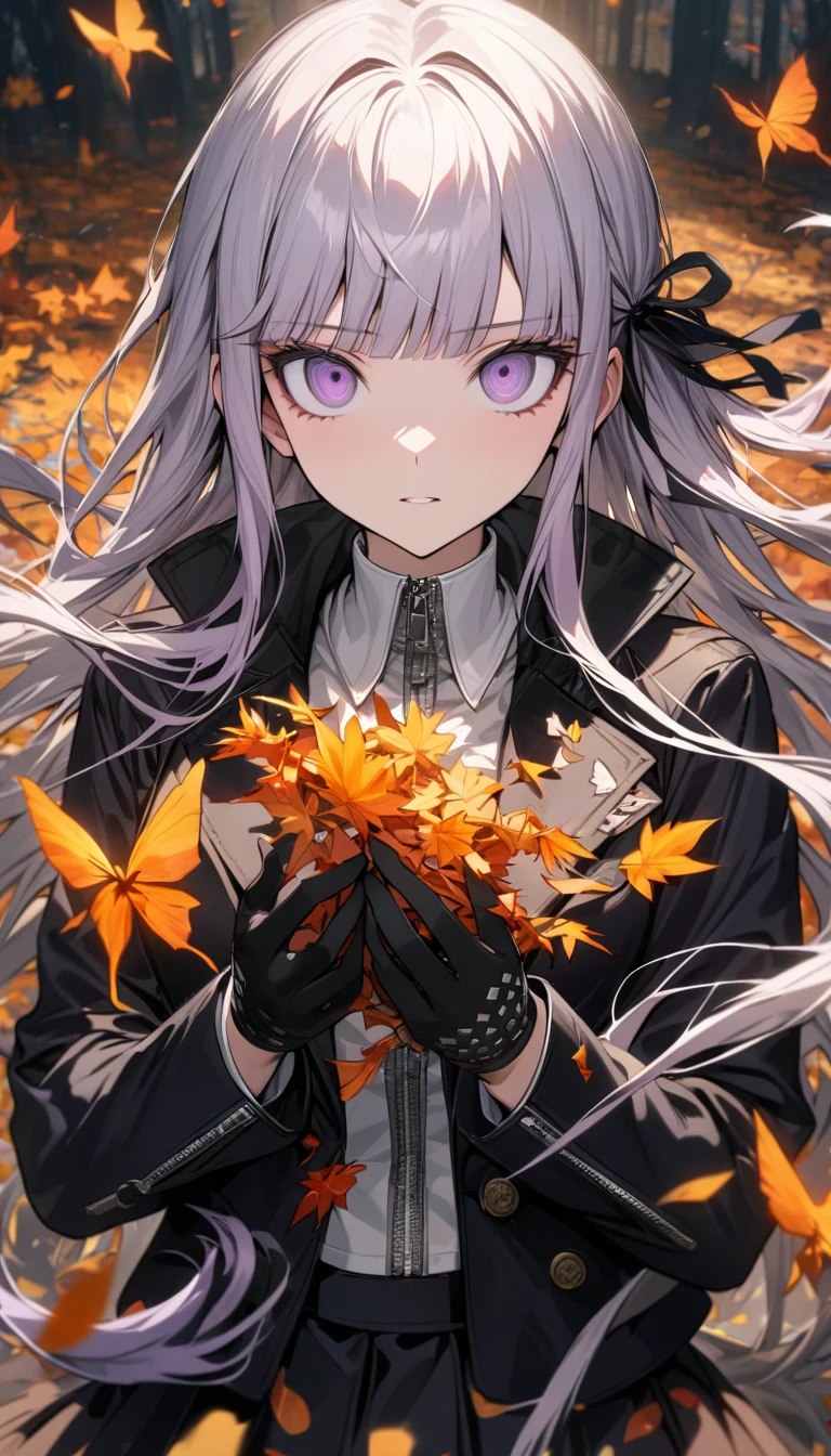 Ultra detailed, Highres, absurdres, HDR, Kirigiri Kyoko, light lavender hair, expressive purple eyes, black jacket with patterns, Danganronpa, autumn, petals, extremely beautiful, woman, solo, very detailed eyes and face, black gloves, orange leaves, butterflies, master piece, best quality, black skirt