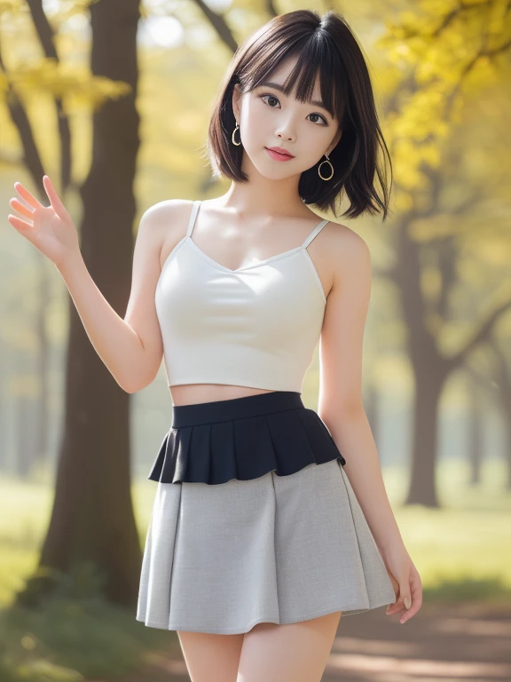 (masterpiece)、(highest quality:1.5)、(16K Wallpaper:1.2)、(Photorealistic:1.2)、(Ultra-detailed:1.2)、(超A high resolution:1.2),(Surreal), (figure), (High resolution), (Very detailed), (best figure), (Professional), (Realistic), (Post-processing), (maximum detail), (Very detailed),(Sharp focus), Sharp focus:1.2,Photorealistic, Ultra-realistic, Backlight, Bright light, (Improvement of quality:1.4),Healthy thighs、Narrow waist、Big ass、(Beautiful legs)、((Perfectly detailed five-fingered hands)),(Anatomically correct body)、((1 female:1.4))、Realistic Skin,(Small chest:1.4),Pretty woman with perfect figure:1.4,(from the front:1.5), (Enhances the beauty of skin texture:1.1), (Beautiful fine details), (Detailed face),Beautiful realistic face,No makeup、美しいBlack Hair、Super Beauty、Natural color lip、Even bangs、((29-year-old woman))、Bob Hair、Hair blowing in the wind, (Black Hair, Iris, Watery eyes, Shining Eyes, Short Bob Cut, Small earrings, Lightly reddish), ((tuck mini skirt, White tank top:1.3)),(Are standing),(Lift up your skirt to show your underwear) (Foggy morning forest),(Huge park), Natural light, full length