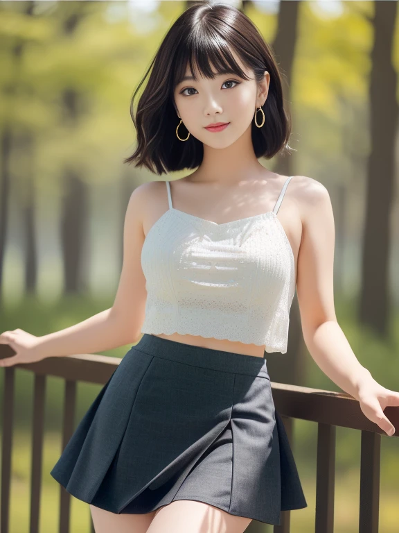 （masterpiece）、(highest quality:1.5)、(16K Wallpaper:1.2)、(Photorealistic:1.2)、(Ultra-detailed:1.2)、(超A high resolution:1.2),(Surreal), (figure), (High resolution), (Very detailed), (best figure), (Professional), (Realistic), (Post-processing), (maximum detail), (Very detailed),(Sharp focus), Sharp focus:1.2,Photorealistic, Ultra-realistic, Backlight, Bright light, (Improvement of quality:1.4),Healthy thighs、Narrow waist、Big ass、（Beautiful legs）、((Perfectly detailed five-fingered hands)),（Anatomically correct body）、((1 female:1.４))、Realistic Skin,（Small chest：1.4）,Pretty woman with perfect figure:1.4,(from the front:1.5), (Enhances the beauty of skin texture:1.1), (Beautiful fine details), (Detailed face),Beautiful realistic face,No makeup、美しいBlack Hair、Super Beauty、Natural color lip、Even bangs、((29-year-old woman))、Bob Hair、Hair blowing in the wind, (Black Hair, Iris, Watery eyes, Shining Eyes, Short Bob Cut, Small earrings, Lightly reddish),  ((tuck mini skirt, White tank top:1.3)),(Are standing),(Lift up your skirt to show your underwear) (Foggy morning forest),(Huge park), Natural light, full length