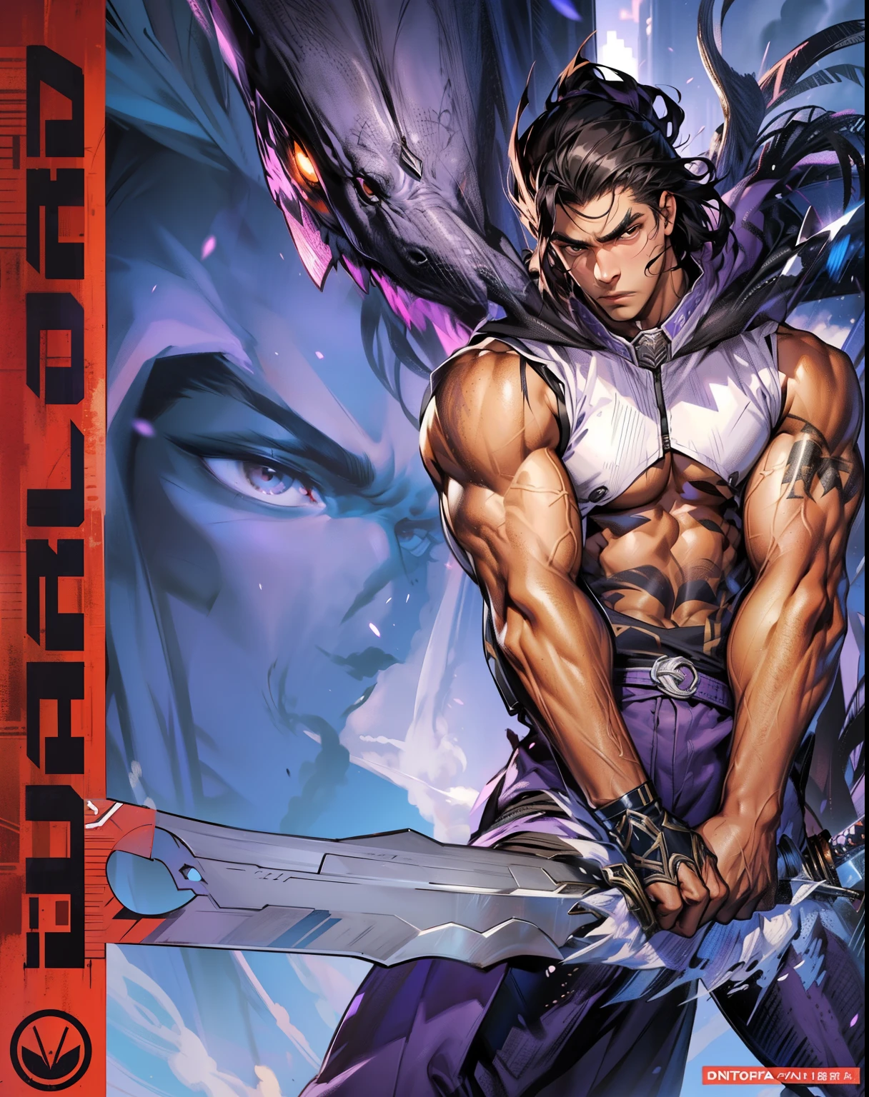 boys 26 Years old, juvenile, Serious face, brown eyes, black hair, brown eyes, muscular, wearing ((lilac sleeveless shirts)), black trousers, holding sword, sky, cloud