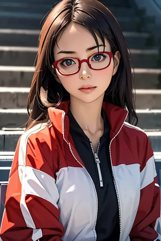 (masterpiece, highest quality), One Girl,  Satou, Satou, Glasses, 赤いフレームのGlasses, Under-rim eyewear, Satou, Glasses, 赤いフレームのGlasses, Under-rim eyewear, Track jacket, Track pants