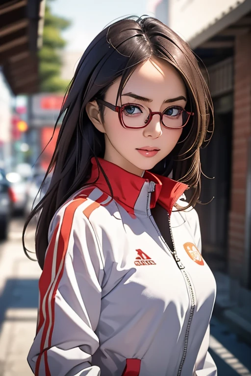 (masterpiece, highest quality), One Girl, Satou, Satou, Glasses, 赤いフレームのGlasses, Under-rim eyewear, Satou, Glasses, 赤いフレームのGlasses, Under-rim eyewear, Track jacket, Track pants