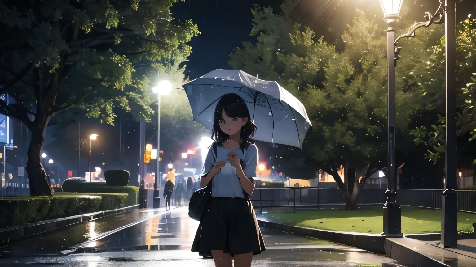 chica en el parque de noche bajo la lluvia sentada