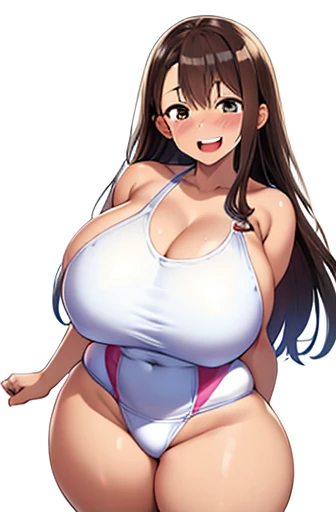 {{Cute face}},One girl,Huge Breasts, Have, White Background, Both sides up, School Swimsuit ,{{{Plump, thick thighs}}},Knee-high socks,{{Are standing]],{{whole body}},Happy,Huge Ass,Brown long hair,Wearing high heels,From head to toe