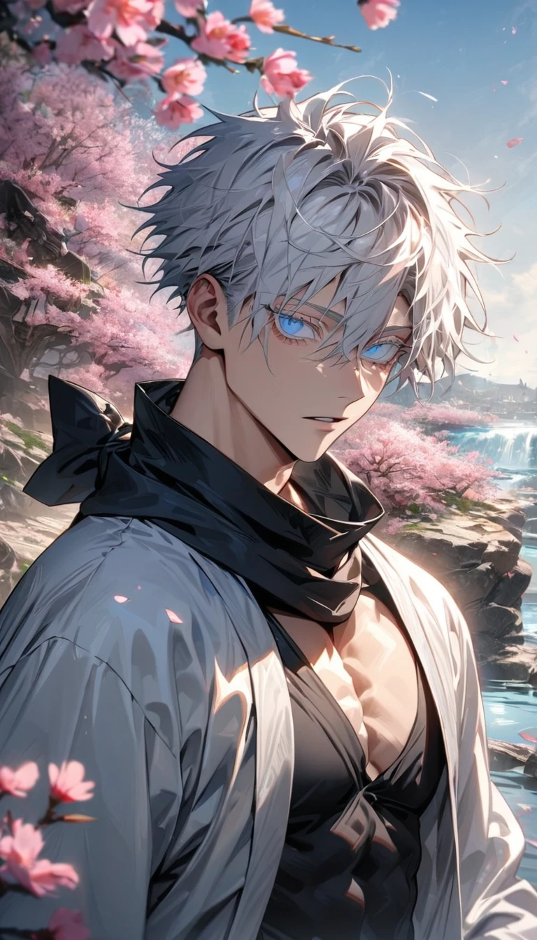 absurdres, highres, ultra detailed, HDR, master piece, best quality, extremely detailed face and eyes, Gojo Satoru, white hair with bangs, hair between the eyes, expressive blue eyes, white eyelashes, Jujutsu Kaisen, black scarf, white haori, black tight shirt, solo, sexy man, handsome, toned chest, pink flowers, water, spring