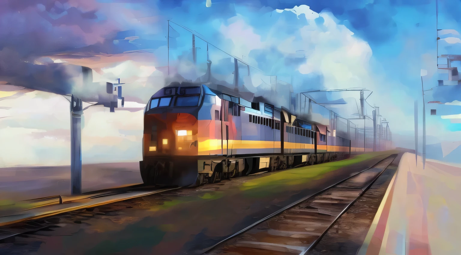 picture of a train on rails against the sky, Zou Zhe, high quality digital painting, beautiful digital painting, gorgeous digital painting, 4k digital painting, 4k digital painting, digital painting 4k,