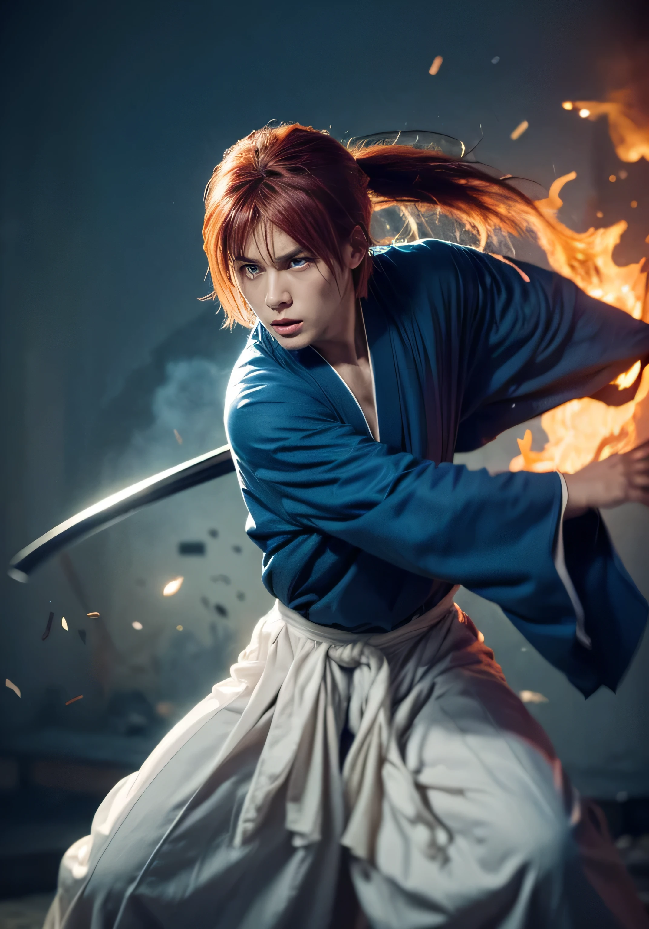 Design amazing postereatures kenshin as the protagonist "Rurouni Kenshin" In the heat of the moment. Capture the essence of his burning determination and indomitable spirit. For he unleashed his anger. Action with a straight sword in hand, Keep it short, Bold, And strongly convey the raw power of Kenshin's anger. Long Hair, ponytail, Red Hair, katana, cross sign in left cheek, High quality, photorealistic, 20-year-old man, holding a Katana in his hand, surrounded by fire. The man has a determined posture, He is wearing a red kimono with intricate patterns, paired with a white hakama .The lighting is realistic, emphasizing the intensity of the scene.