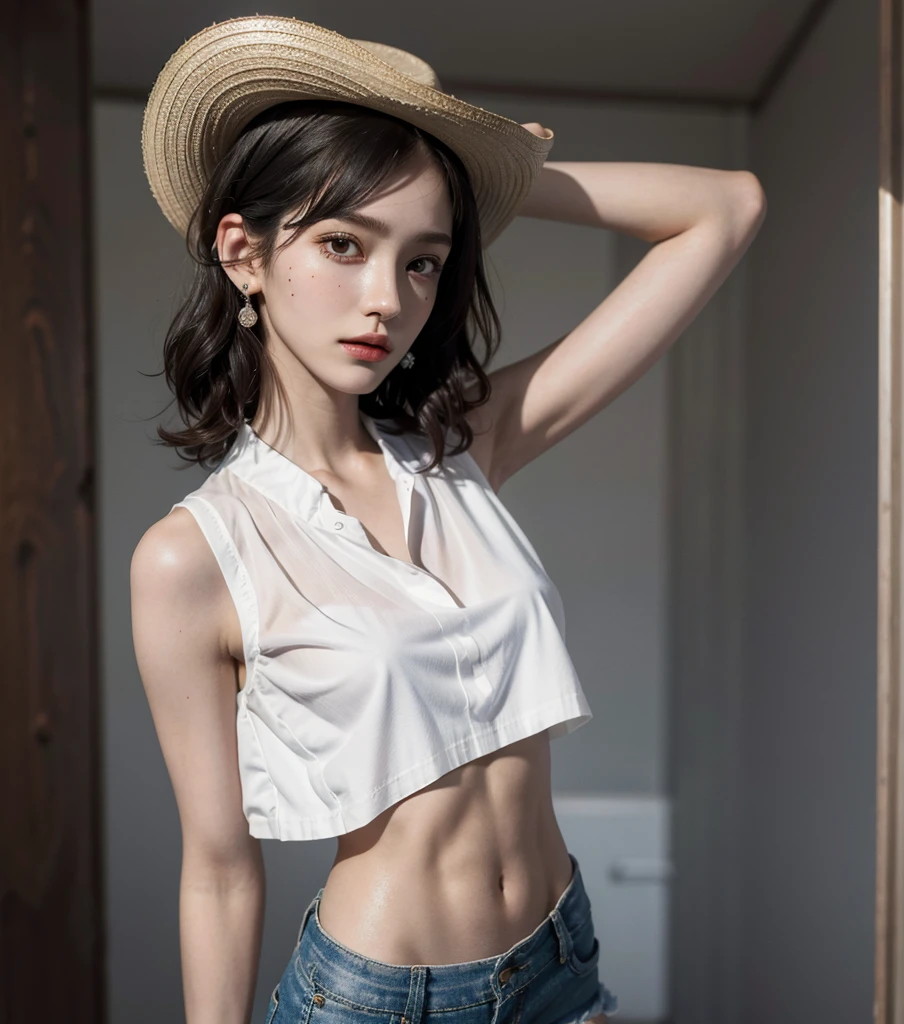 absurdres, RAW photo, extremely delicate and beautiful, masterpiece, Best Quality, ultra high resolution, 32k, hyperrealistic, ultra-detailed, perfect anatomy, anatomically correct, perfect figure, super Detailed skin, pale skin, 20 years old, very Slim body, narrow waist, very small head, very small face, delicate facial features, detailed face, detailed eyes, tearful mole, earring, thin legs, bare legs, (very huge round breasts), short medium hair, ((wavy hair)), wet clothes, solo, collared white shirt, ((cowgirl costume)), vest, cowboy hat, fingerless gloves, midriff, neckerchief, shorts, holster,