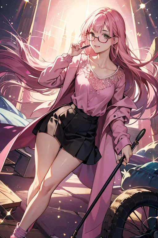She wears a pink blouse and slippers, glasses, and carries a cane. Her right leg has been broken off for years, and she wears a wooden leg in place of where it used to be. SPARKLE; GLITTER