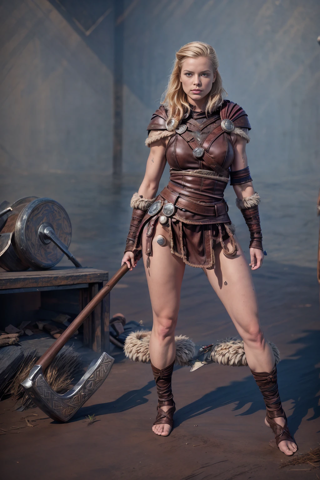 ((Full body photo, standing, feet on the ground)) photorealistic, battle female Empowerment, skin, fitness, Norse female United,