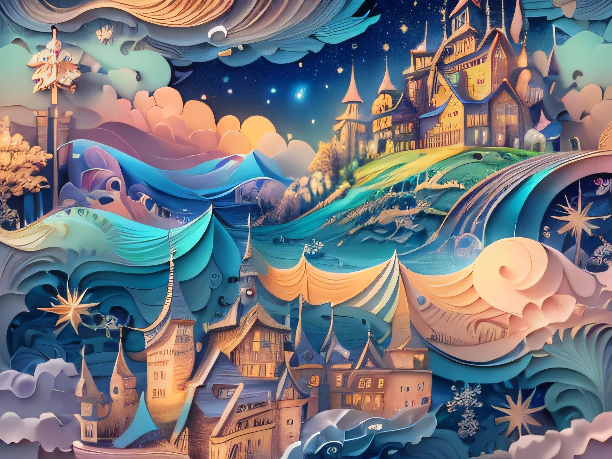 (((masterpiece))),best quality, illustration,  sky, cloud, water, star \(symbol\), tree, no humans, night, bird, moon, building, star \(sky\), night sky, scenery, starry sky, watercraft, castle, ship, waves, tower, boat. vibrant color scheme, Soft light,(warm color:1.2),Water color painting, light background, best quality exquisite details,3d rendering,Octane render, pastel, paper_cut