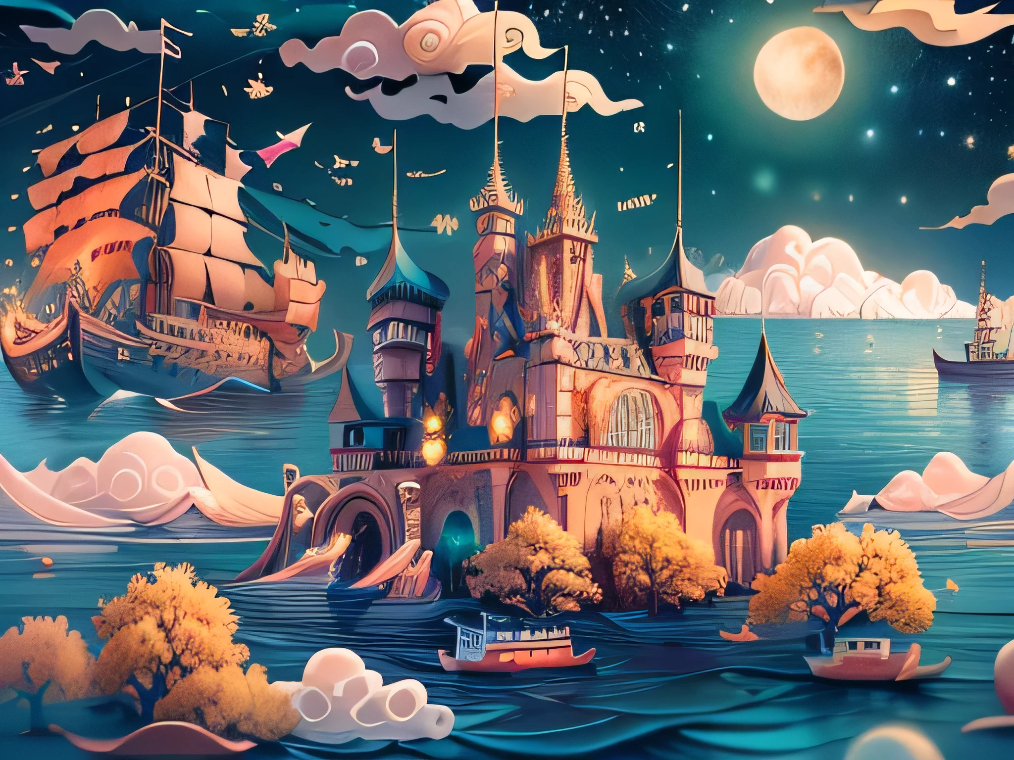 (((masterpiece))),best quality, illustration,  sky, cloud, water, star \(symbol\), tree, no humans, night, bird, moon, building, star \(sky\), night sky, scenery, starry sky, watercraft, castle, ship, waves, tower, boat. vibrant color scheme, Soft light,(warm color:1.2),Water color painting, light background, best quality exquisite details,3d rendering,Octane render, pastel, paper_cut
