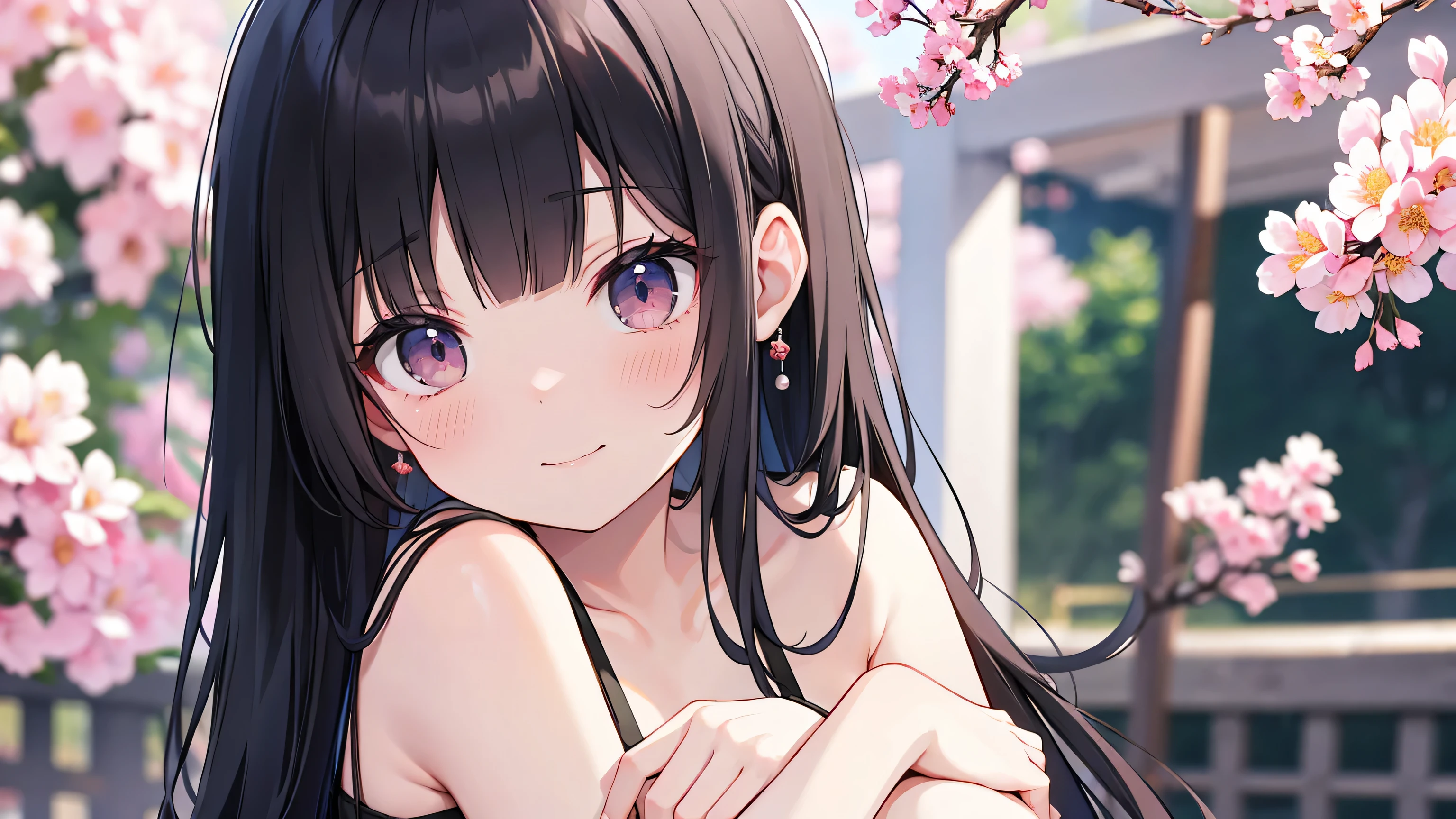 Normal of chest、masterpiece、8K wallpapers incorporating detailed CG、Two girls and two boys、、Baby Face、beautiful、smile、、Genuine、Blurred、Blurred_background、Blurred_prospect、branch、Plum offlower、depth_of_Field、flower、gem、nose、Realistic、pale black hair、alone、Shrine maiden costume、Hide your fingers、Hide your arms、Just put on a bra、whole body、Long Hair、Straight bangs、