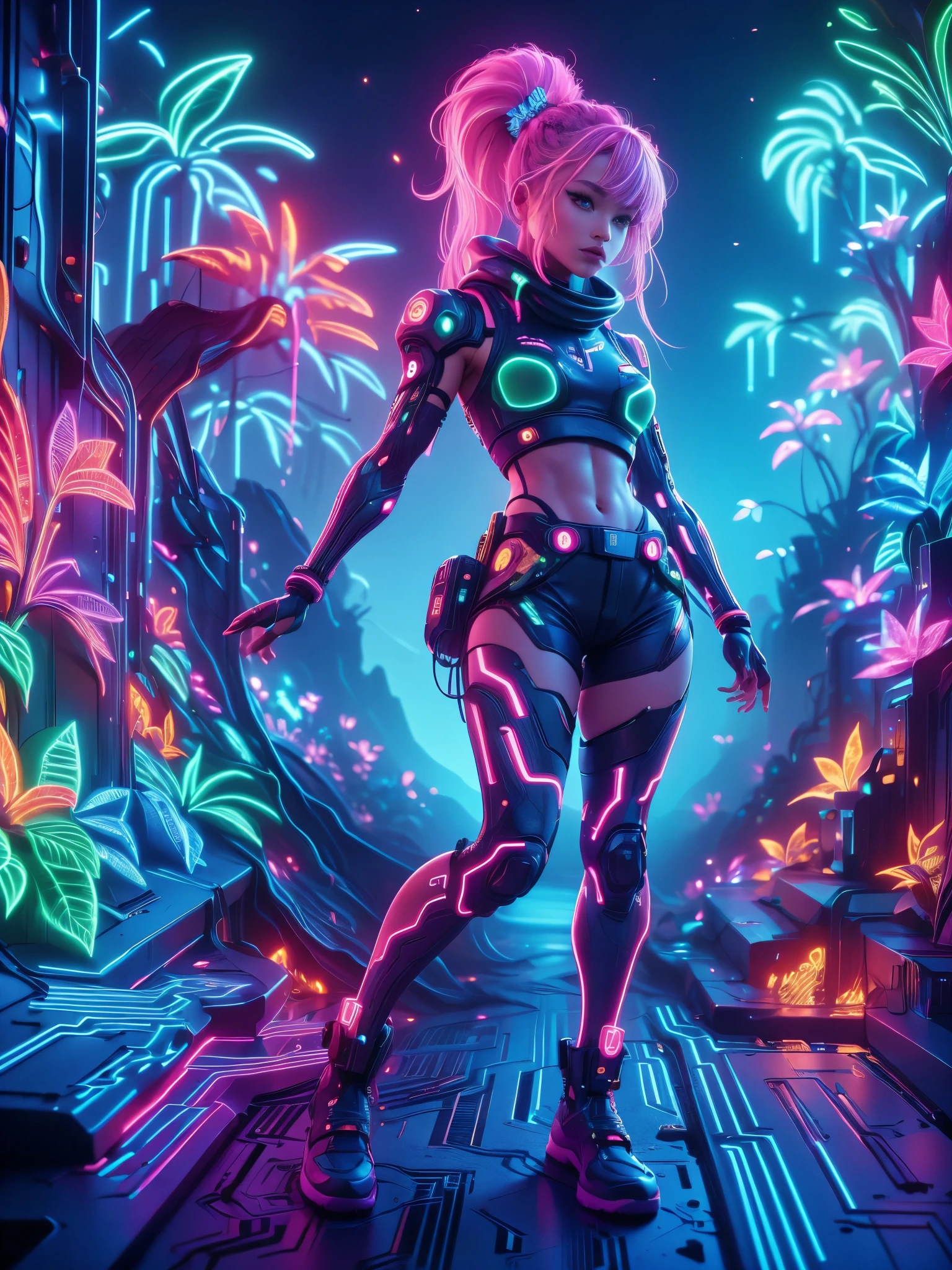 (Neon)，Circuit Board，Detailed drawing of an alien girl dressed as a space ranger, Shot lying on an alien landscape decorated with vibrant, Otherworldly flowers, Spacecraft crash. Sci-fi wonderland, full of imagination, Space exploration,More details, Yoko Tono,yl1, Ponytail, scarf, Bikini top only, shorts, diaphragm, belt, Fingerless gloves, skull hair ornament, Elbow gloves, pink thighs，(Ultra HD, masterpiece, precise, Anatomically correct, textured skin, High Detail, high quality, The award-winning, 8k)