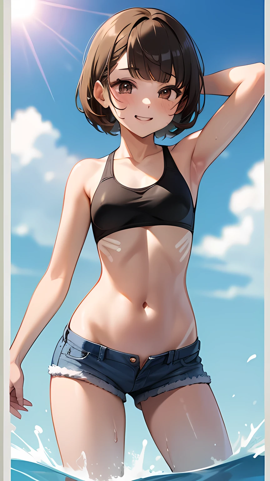 Best image quality,1People Girl,Brown Hair,short hair,Shiny Hair,black eye,Shining Eyes,smile,Double teeth,(Sunburn,Swimsuit Bag),sunflower,stream,Water Play,Wet,Tank top,Shorts,girl,small,small breasts,