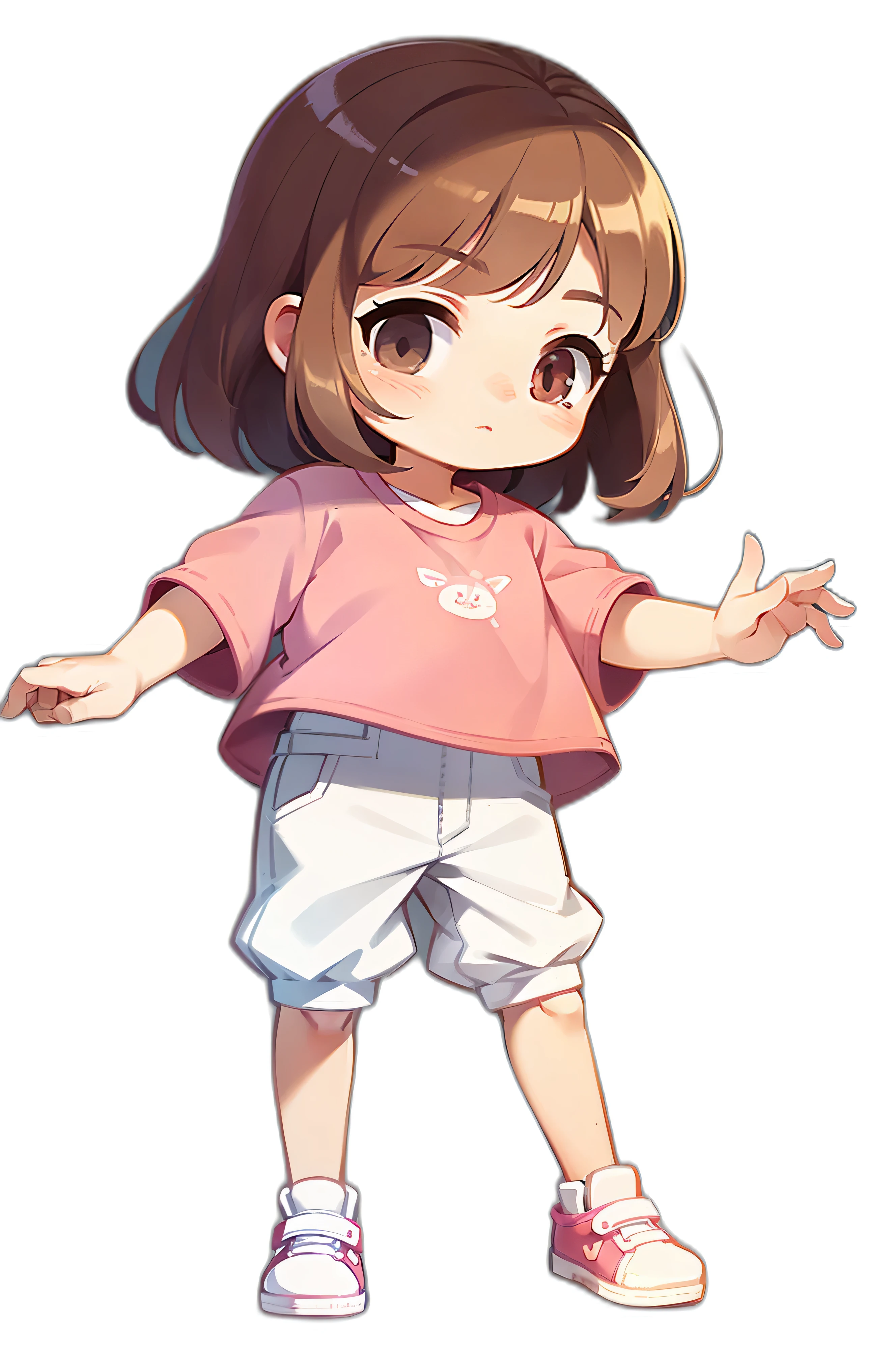 A three-year-old girl,Stand holding kittens,Children's illustration style,Q version,Illustration style,with a pure white background,brown hair,White top,Pink pants,White sneakers,Whole body diagram,Multiple Pose,