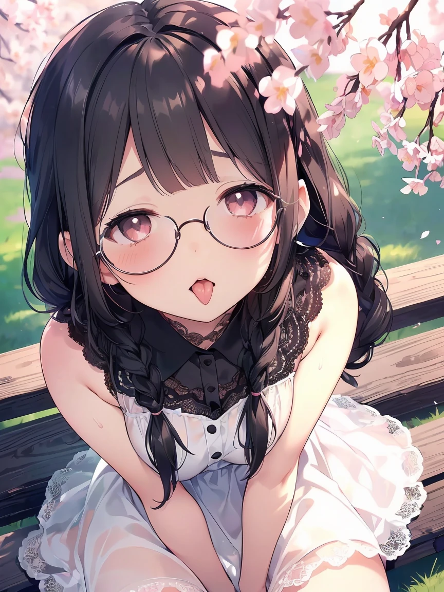 Very detailed, highest quality, High resolution, Moe Anime, ((A cute elementary school girl with black hair and droopy eyes)), ((Wearing large round glasses:1.4)), (Baby Face), Cute eyes, Detailed eye depiction, Sparkle in the eyes, View your viewers, Pale skin, (Big eyes:1.4, Droopy eyes:1.4, Fatty face:1.4), smile, Focus on the face, In the park with cherry blossoms falling, Sitting, (Extreme close up of tongue), (((From above))), Open your mouth, (((Face only:1.3))), ((white lace sleeveless dress)), Bright Eyes, Light from the front, (Put your hands between your legs:1.4), large and long tongue, Cleavage, Braided hairstyle, Pink ribbon