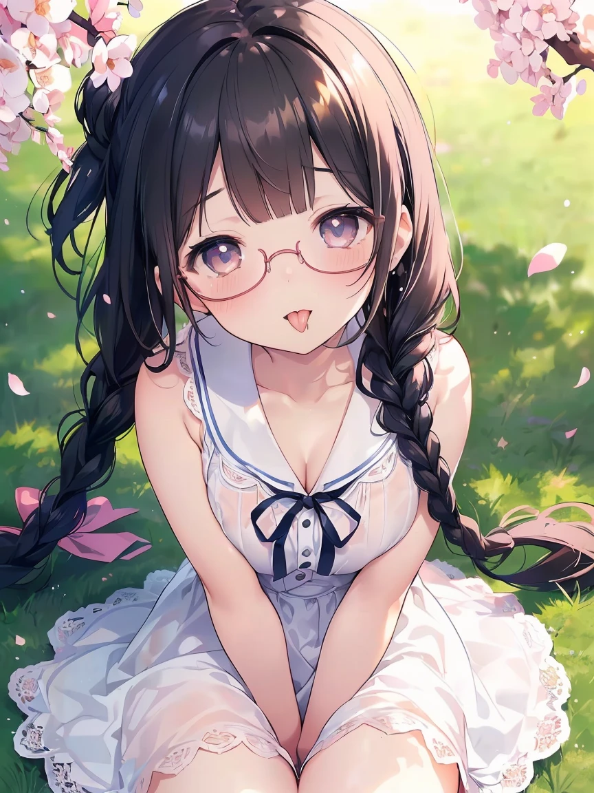 Very detailed, highest quality, High resolution, Moe Anime, ((A cute elementary school girl with black hair and droopy eyes)), ((Wearing large round glasses:1.4)), (Baby Face), Cute eyes, Detailed eye depiction, Sparkle in the eyes, View your viewers, Pale skin, (Big eyes:1.4, Droopy eyes:1.4, Fatty face:1.4), smile, Focus on the face, In the park with cherry blossoms falling, Sitting, (Extreme close up of tongue), (((From above))), Open your mouth, (((Face only:1.3))), ((white lace sleeveless dress)), Bright Eyes, Light from the front, (Put your hands between your legs:1.4), large and long tongue, Cleavage, Braided hairstyle, Pink ribbon