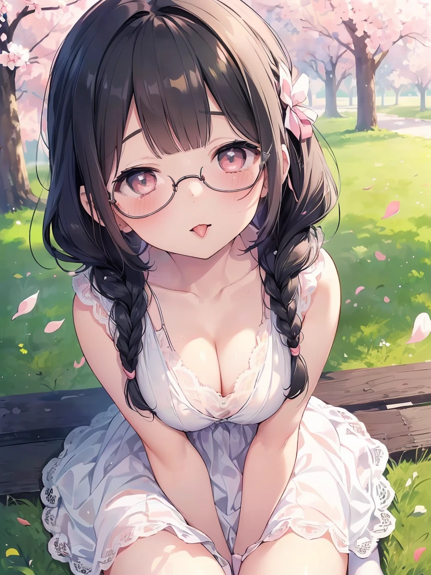 Very detailed, highest quality, High resolution, Moe Anime, ((A cute elementary school girl with black hair and droopy eyes)), ((Wearing large round glasses:1.4)), (Baby Face), Cute eyes, Detailed eye depiction, Sparkle in the eyes, View your viewers, Pale skin, (Big eyes:1.4, Droopy eyes:1.4, Fatty face:1.4), smile, Focus on the face, In the park with cherry blossoms falling, Sitting, (Extreme close up of tongue), (((From above))), Open your mouth, (((Face only:1.3))), ((white lace sleeveless dress)), Bright Eyes, Light from the front, (Put your hands between your legs:1.4), large and long tongue, Cleavage, Braided hairstyle, Pink ribbon