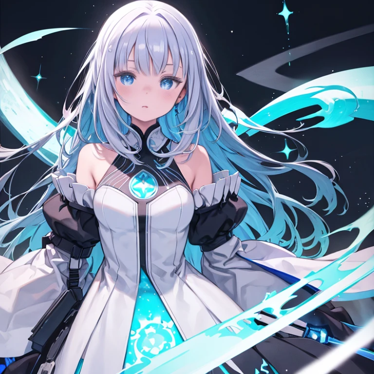 ((masterpiece)), (highest quality), (detailed), (One girl), (Internal Data Stream) Light blue gradient hair, Glowing blue eyes, Straight hair, Wearing a modern white shirt and black dress, Covered in data particles, Locked around the neck